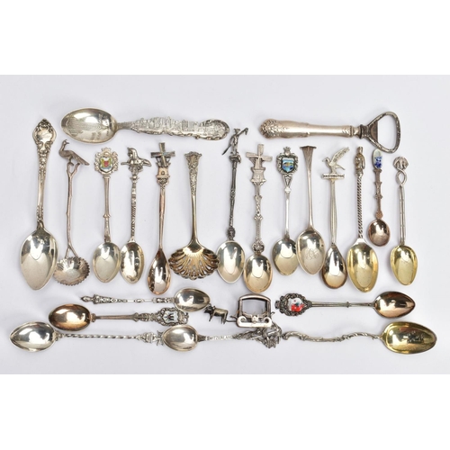 154 - A BOX OF ASSORTED CONTINENTAL SILVER TEASPOONS, to include various commemorative teaspoons for touri... 