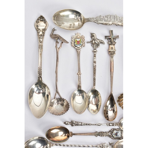 154 - A BOX OF ASSORTED CONTINENTAL SILVER TEASPOONS, to include various commemorative teaspoons for touri... 