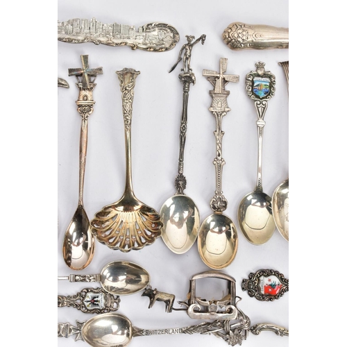 154 - A BOX OF ASSORTED CONTINENTAL SILVER TEASPOONS, to include various commemorative teaspoons for touri... 