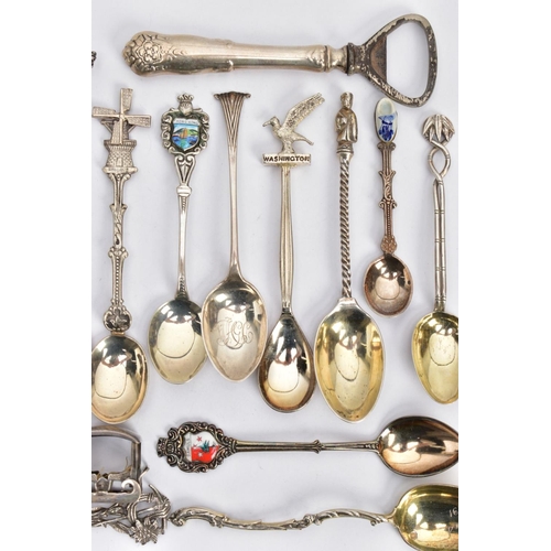 154 - A BOX OF ASSORTED CONTINENTAL SILVER TEASPOONS, to include various commemorative teaspoons for touri... 