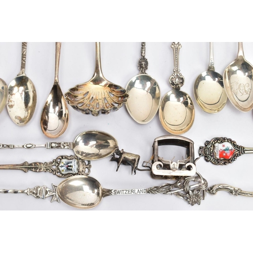 154 - A BOX OF ASSORTED CONTINENTAL SILVER TEASPOONS, to include various commemorative teaspoons for touri... 