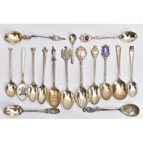 155 - AN ASSORTMENT OF SILVER TEASPOONS, to include a white guilloche enamelled spoon signed on the back '... 