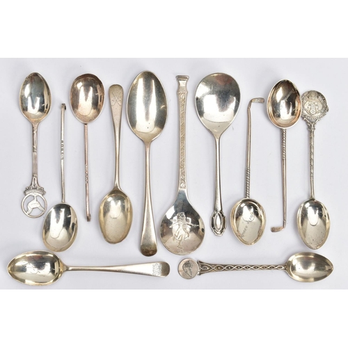156 - AN ASSORTMENT OF SILVER TEASPOONS, to include a matching pair of golf stick style handled teaspoons,... 