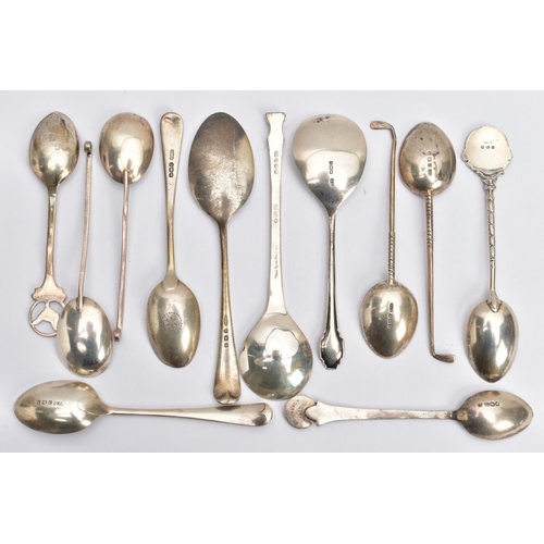 156 - AN ASSORTMENT OF SILVER TEASPOONS, to include a matching pair of golf stick style handled teaspoons,... 