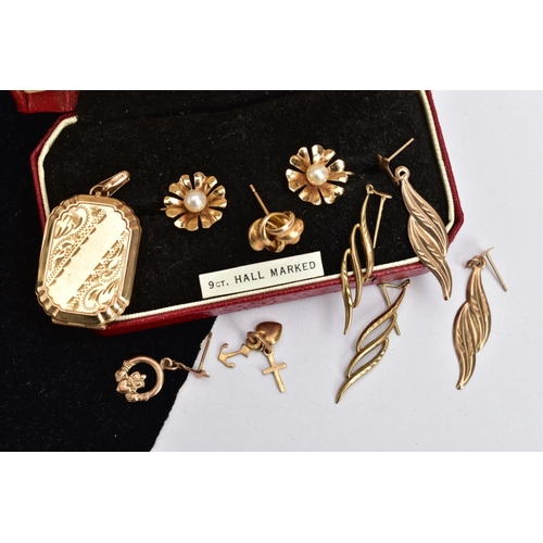 158 - A PAIR OF 9CT GOLD EARRINGS AND A SELECTION OF YELLOW METAL JEWELLERY, a pair of floral earrings set... 