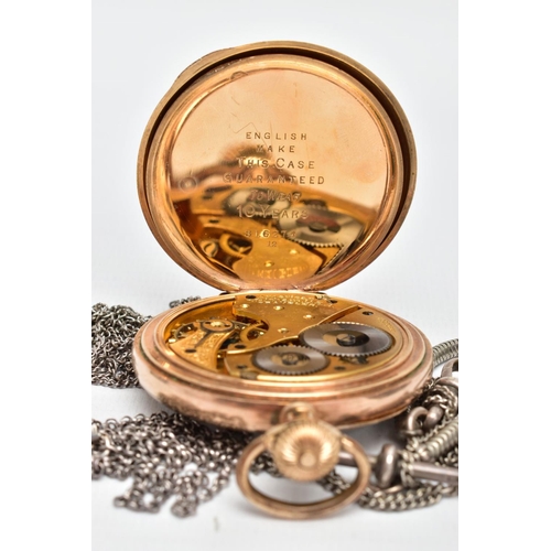 16 - A WALTHAM POCKET WATCH AND WHITE METAL CHAINS, the pocket watcgh with a round white dial signed 'Wal... 