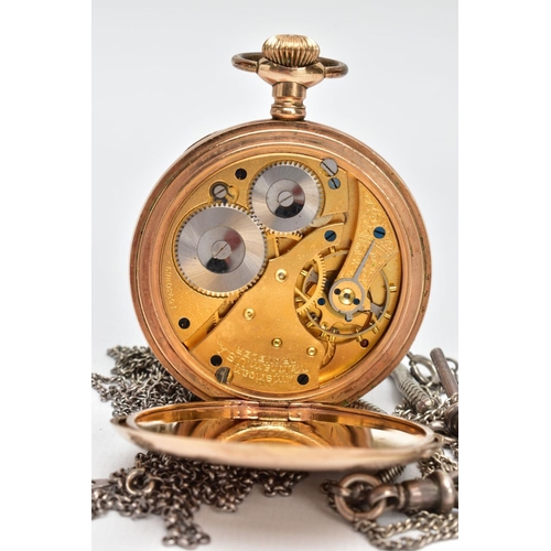 16 - A WALTHAM POCKET WATCH AND WHITE METAL CHAINS, the pocket watcgh with a round white dial signed 'Wal... 