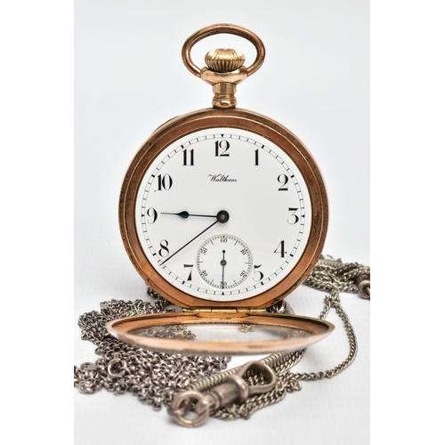 16 - A WALTHAM POCKET WATCH AND WHITE METAL CHAINS, the pocket watcgh with a round white dial signed 'Wal... 
