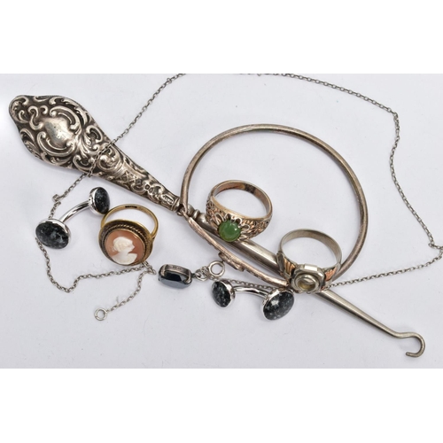 160 - A SILVER HANDLED BUTTON HOOK AND WHITE METAL JEWELLERY,  a scrolled detailed handle hallmarked Chest... 