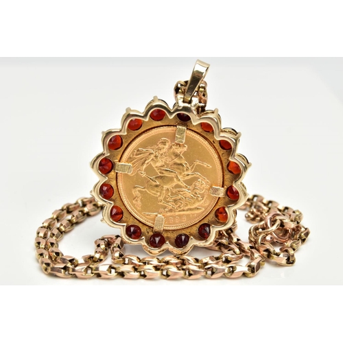 161 - A MOUNTED FULL SOVEREIGN PENDANT AND CHAIN, late Victorian full sovereign coin dated 1896, within a ... 