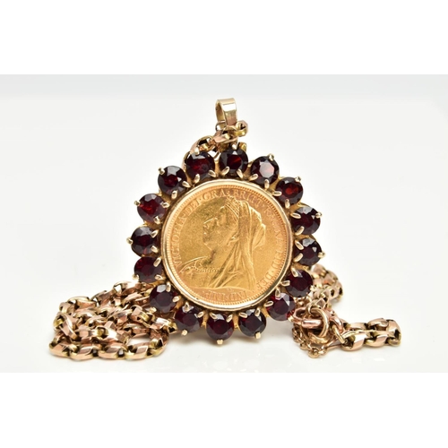 161 - A MOUNTED FULL SOVEREIGN PENDANT AND CHAIN, late Victorian full sovereign coin dated 1896, within a ... 