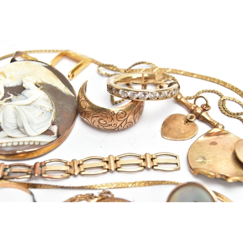 162 - A SELECTION OF 9CT AF GOLD AND YELLOW METAL JEWELLERY, to include a single earring channel set with ... 