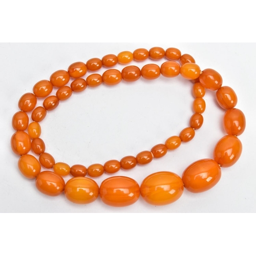 164 - A GRADUATED AMBER COLOUR BAKELITE BEAD NECKLACE, oval graduated beads, largest measuring approximate... 