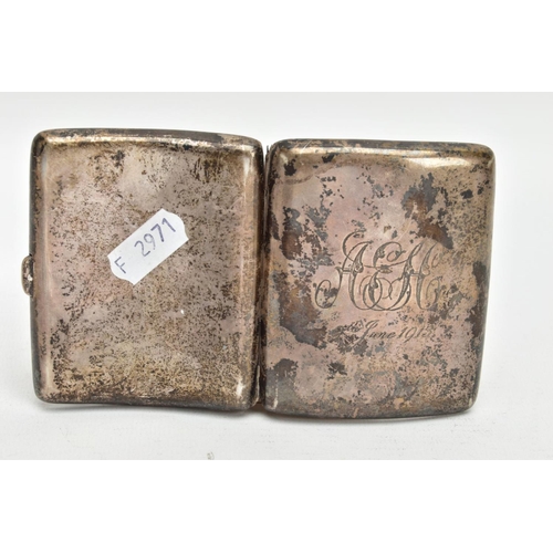 167 - A SILVER CIGARETTE CASE, of a curved rectangular form, engraved initials 'AEH, 9th June 1913', fitte... 