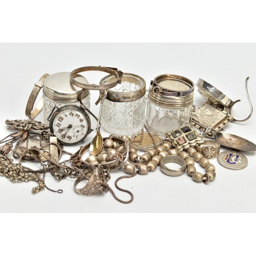 168 - AN ASSORTMENT OF SILVER AND WHITE METAL ITEMS, to include three glass jars with silver lids, hallmar... 