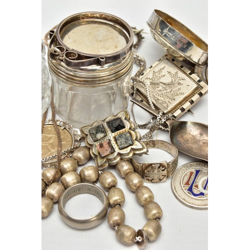 168 - AN ASSORTMENT OF SILVER AND WHITE METAL ITEMS, to include three glass jars with silver lids, hallmar... 