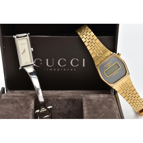 17 - A LADYS GUCCI WRISTWATCH AND ROTARY WRISTWATCH, a quartz movement, rectangular off white dial signed... 