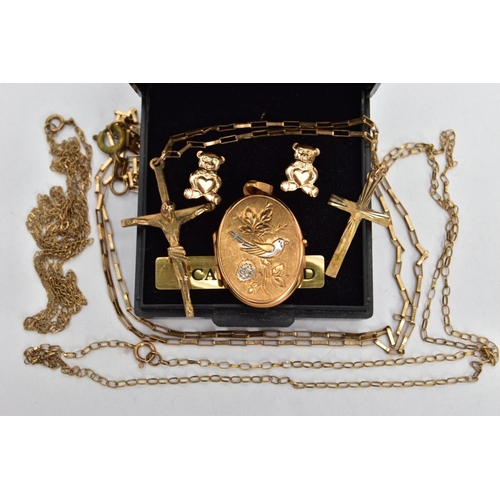 172 - A SELECTION OF 9CT GOLD AND YELLOW METAL JEWELLERY, to include an oval locket engraved with a floral... 