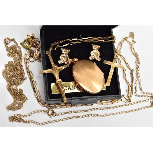 172 - A SELECTION OF 9CT GOLD AND YELLOW METAL JEWELLERY, to include an oval locket engraved with a floral... 