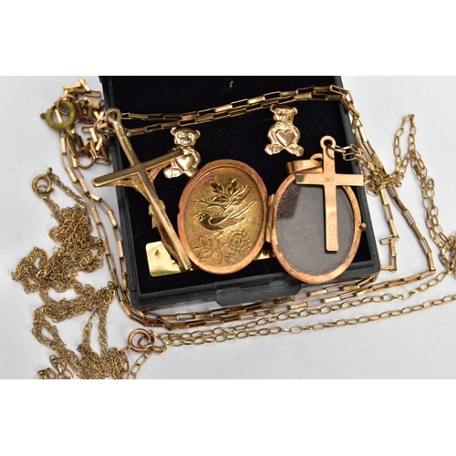 172 - A SELECTION OF 9CT GOLD AND YELLOW METAL JEWELLERY, to include an oval locket engraved with a floral... 