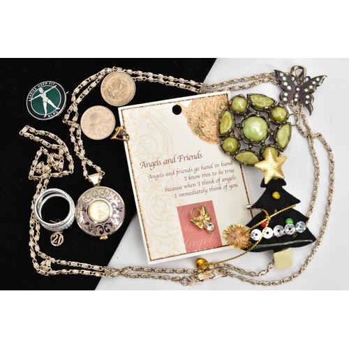 176 - AN ASSORTMENT OF JEWELLERY ITEMS, to include a single white metal 21 earring, scroll back stamped si... 