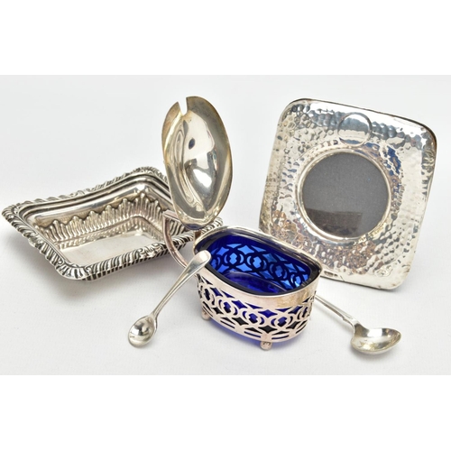 177 - A SILVER MUSTARD, TRAY AND MINIATURE PHOTOFRAME, an early 20th century mustard with a pierced detail... 