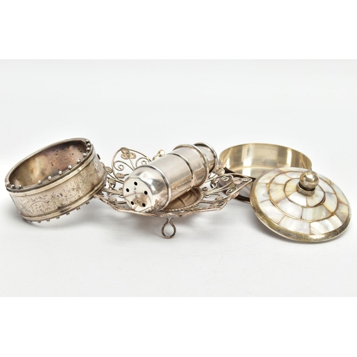 178 - FOUR ITEMS, to include a silver hinged bangle, foliate engraved detail with applied bead work to the... 