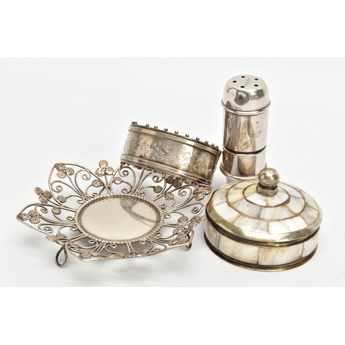 178 - FOUR ITEMS, to include a silver hinged bangle, foliate engraved detail with applied bead work to the... 