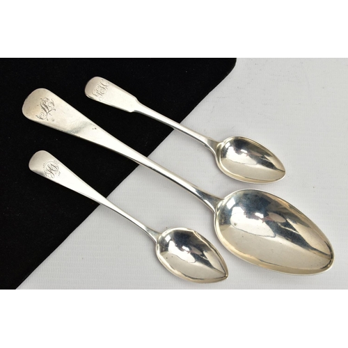180 - THREE SILVER SPOONS, to include an old English pattern serving spoon, engraved initials to the termi... 
