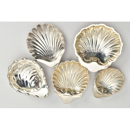 181 - FIVE SILVER SHELL DISHES, each raised on three ball feet, with full silver hallmarks for Chester, Bi... 