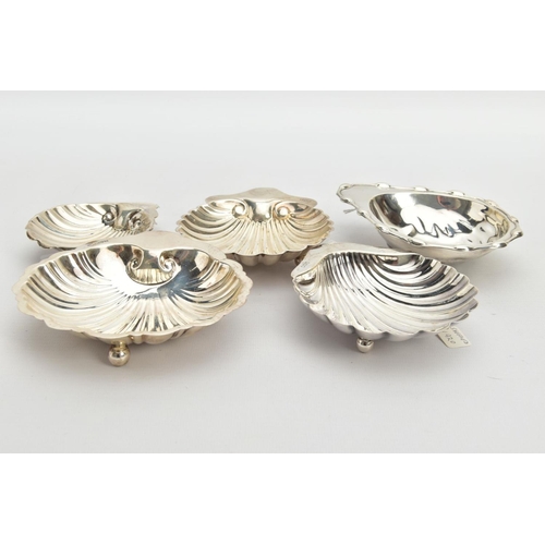 181 - FIVE SILVER SHELL DISHES, each raised on three ball feet, with full silver hallmarks for Chester, Bi... 