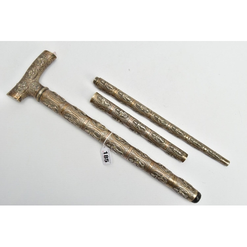 185 - AN ASIAN WHITE METAL WALKING CANE, embossed religious figures throughout, can be taken apart into th... 