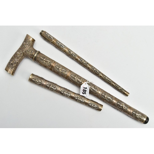 185 - AN ASIAN WHITE METAL WALKING CANE, embossed religious figures throughout, can be taken apart into th... 