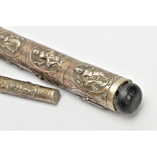 185 - AN ASIAN WHITE METAL WALKING CANE, embossed religious figures throughout, can be taken apart into th... 