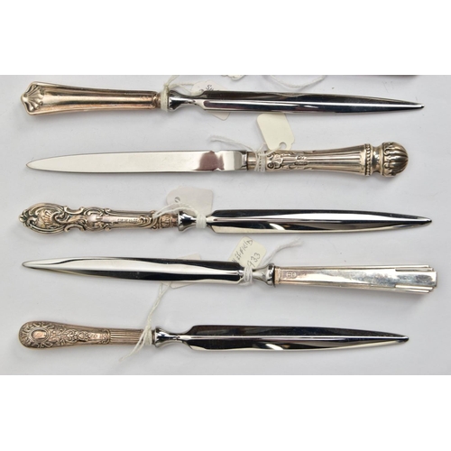 189 - TEN SILVER HANDLED LETTER OPENERS, all with a different design to the handle and with a full silver ... 