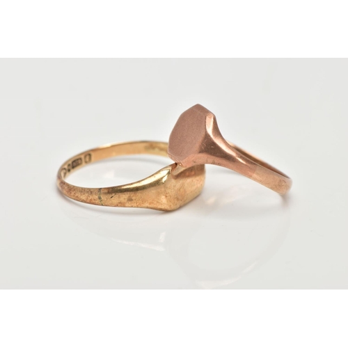 19 - TWO 9CT GOLD SIGNET RINGS, a late Victorian rose gold octogen shaped signet ring, leading on to tape... 