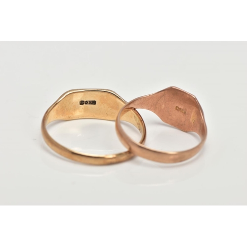 19 - TWO 9CT GOLD SIGNET RINGS, a late Victorian rose gold octogen shaped signet ring, leading on to tape... 
