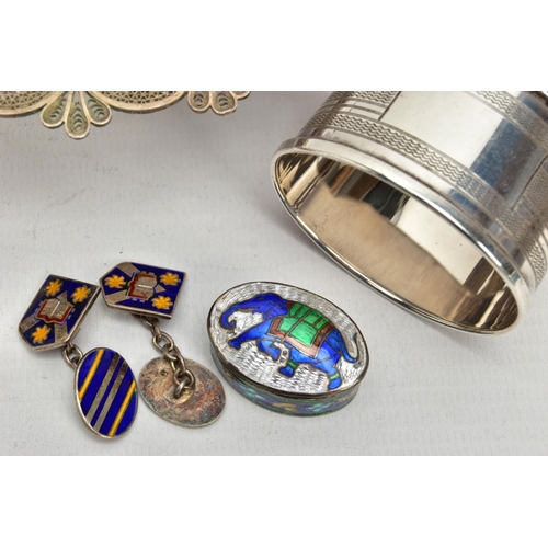 191 - A SELECTION OF WHITE METAL ITEMS, to include a pair of enamel silver cufflinks, hallmarked Birmingha... 