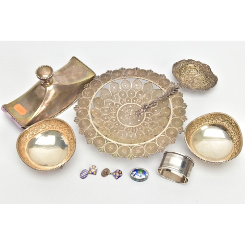 191 - A SELECTION OF WHITE METAL ITEMS, to include a pair of enamel silver cufflinks, hallmarked Birmingha... 