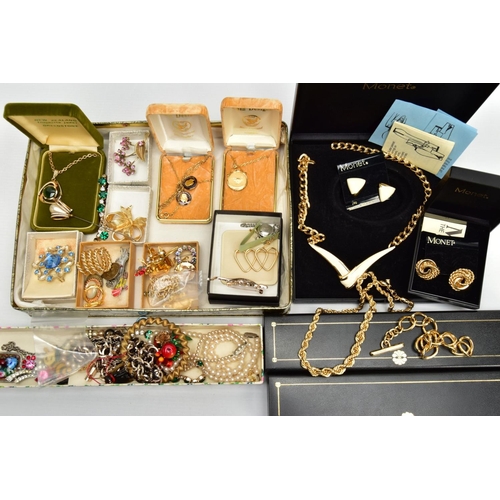 201 - A BOX OF ASSORTED COSTUME JEWELLERY, to include two boxed Monet necklaces, a boxed Monet bracelet an... 