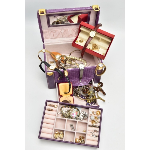 209 - A JEWELLERY BOX AND ASSORTED COSTUME JEWELLERY ITEMS, a purple travel jewellery case together with a... 