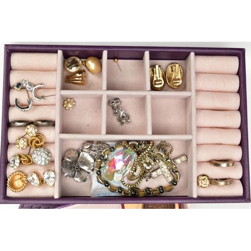 209 - A JEWELLERY BOX AND ASSORTED COSTUME JEWELLERY ITEMS, a purple travel jewellery case together with a... 