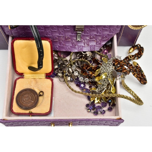 209 - A JEWELLERY BOX AND ASSORTED COSTUME JEWELLERY ITEMS, a purple travel jewellery case together with a... 