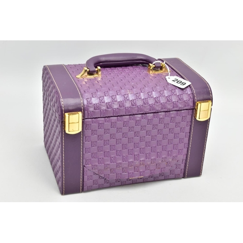 209 - A JEWELLERY BOX AND ASSORTED COSTUME JEWELLERY ITEMS, a purple travel jewellery case together with a... 