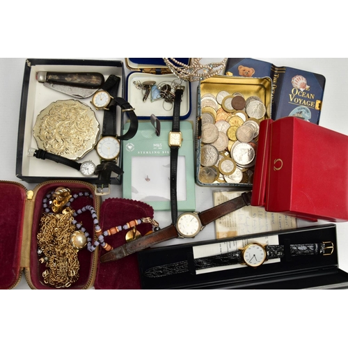 212 - A BOX OF ASSORTED ITEMS, to include an AF 'Omega' wristwatch box, a small zipper lock case containin... 