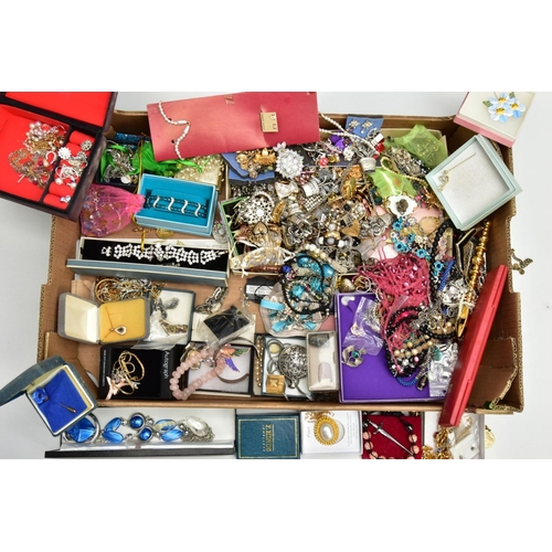 216 - A BOX OF ASSORTED COSTUME JEWELLERY, to include a signed Pandora bracelet and a selection of white m... 