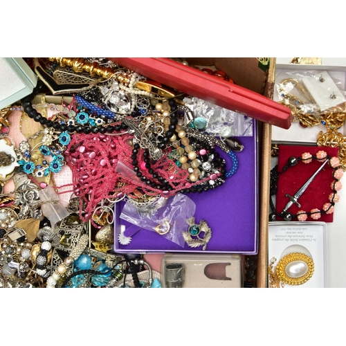 216 - A BOX OF ASSORTED COSTUME JEWELLERY, to include a signed Pandora bracelet and a selection of white m... 