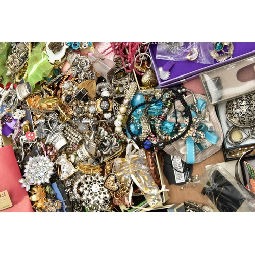 216 - A BOX OF ASSORTED COSTUME JEWELLERY, to include a signed Pandora bracelet and a selection of white m... 