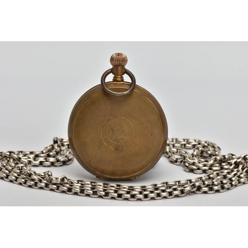22 - A SILVER ALBERT CHAIN AND POCKET WATCH, a long chain fitted with a dog clip, approximate length 1560... 