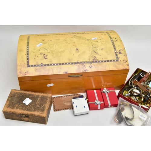 221 - A BOX OF COSTUME JEWELLERY WATCHES AND JEWELLERY BOXES, to include a large wooden jewellery box with... 